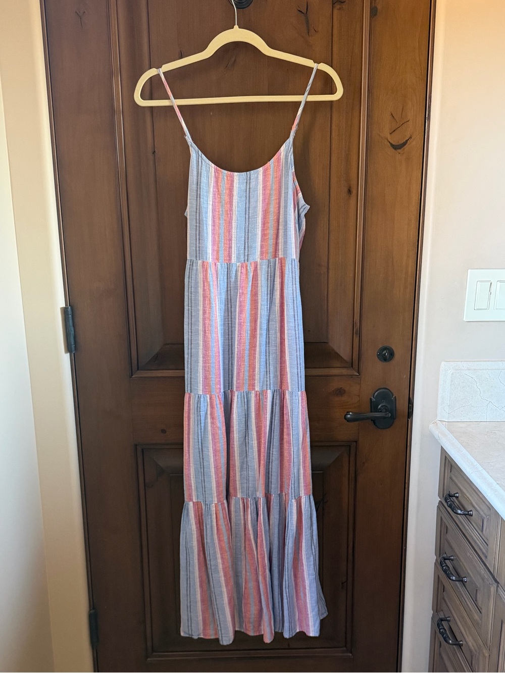 Cotton-Linen Striped Spaghetti-Strap Maxi Dress in Size M